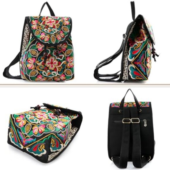 Floral Embroidery Canvas Backpack Small Daypack Drawstring Shoulder Bag